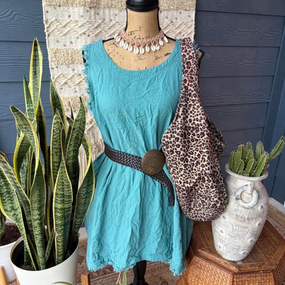 Umgee USA blue linen dress with raw fringe hem and button up back